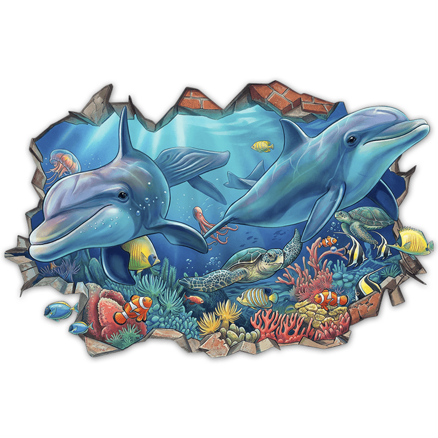 Adesivi Murali: Buco nel Muro Delfini e Tartarughe Marine