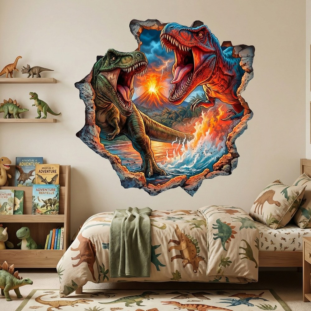 Adesivi per Bambini: Buco nel Muro Dinosauri T-Rex Vulcano in Eruzione