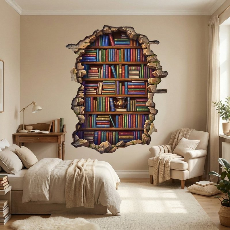 Adesivi Murali: Buco nel Muro Libreria Classica
