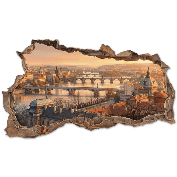 Adesivi Murali: Buco nel Muro Vista di Praga al Tramonto