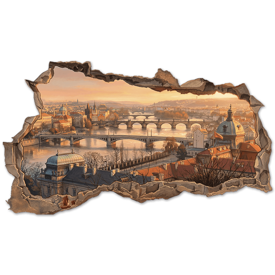 Adesivi Murali: Buco nel Muro Vista di Praga al Tramonto