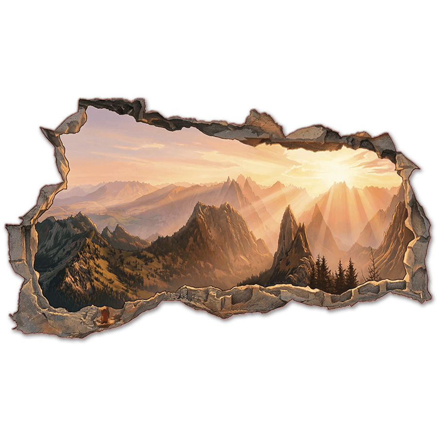 Adesivi Murali: Buco nel Muro Montagne Dorate all&rsquo;Alba