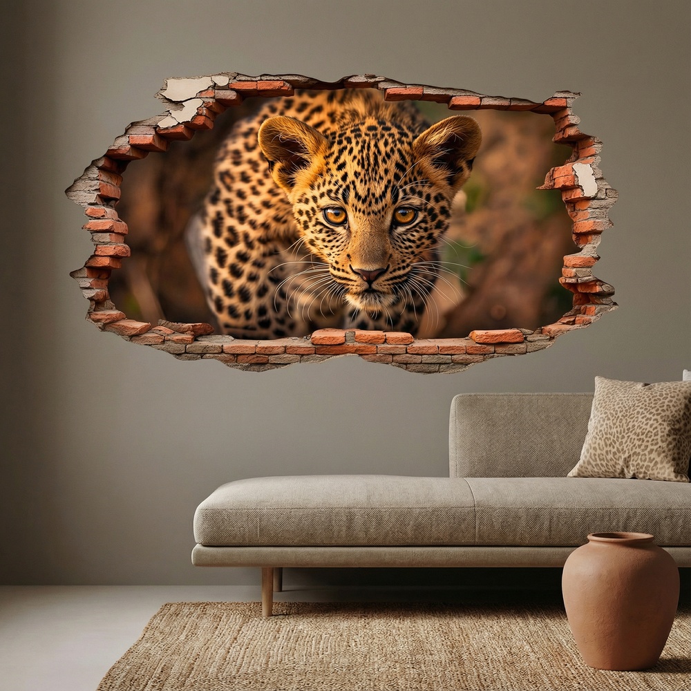 Adesivi Murali: Buco nel Muro Cucciolo di Leopardo