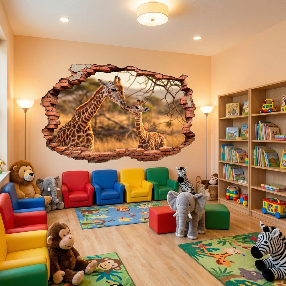 Adesivi Murali: Buco nel Muro Giraffe Savana