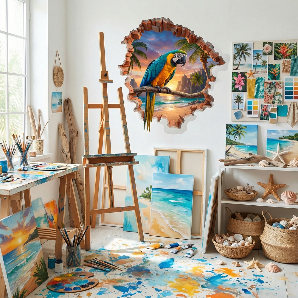 Adesivi Murali: Buco nel Muro Ara Tropicale