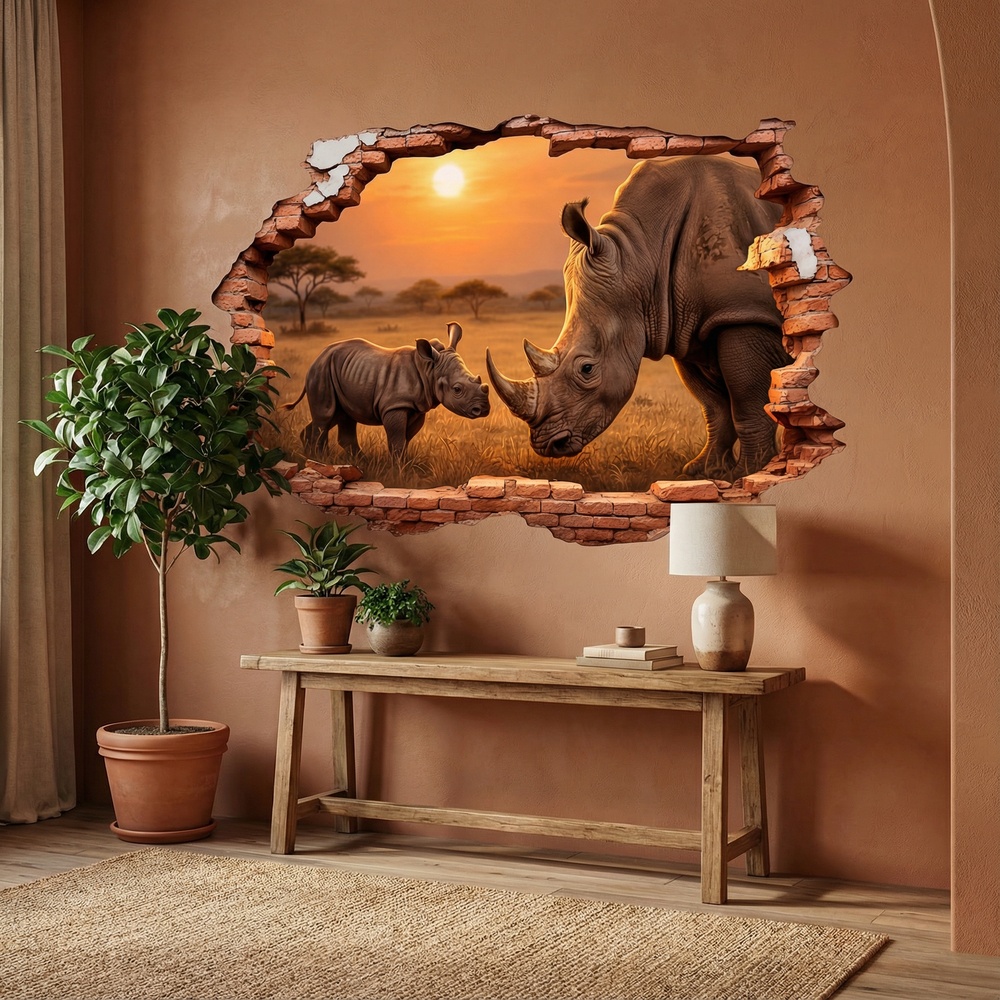 Adesivi Murali: Buco nel Muro Rinoceronti Tramonto