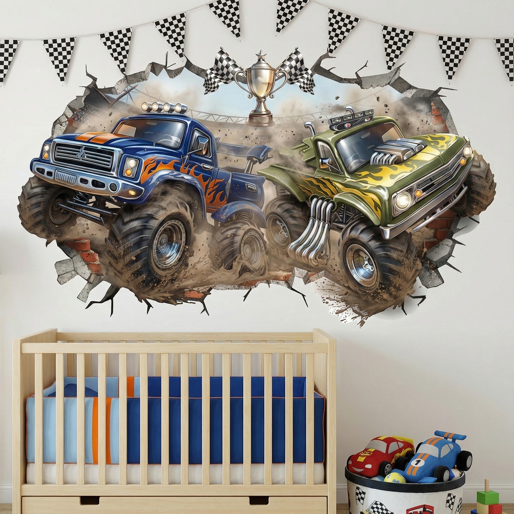 Adesivi per Bambini: Buco nel Muro Monster Trucks in Gara