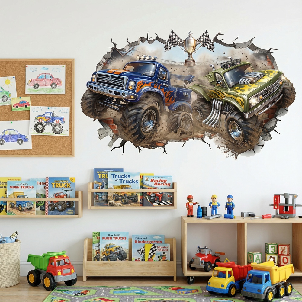 Adesivi per Bambini: Buco nel Muro Monster Trucks in Gara