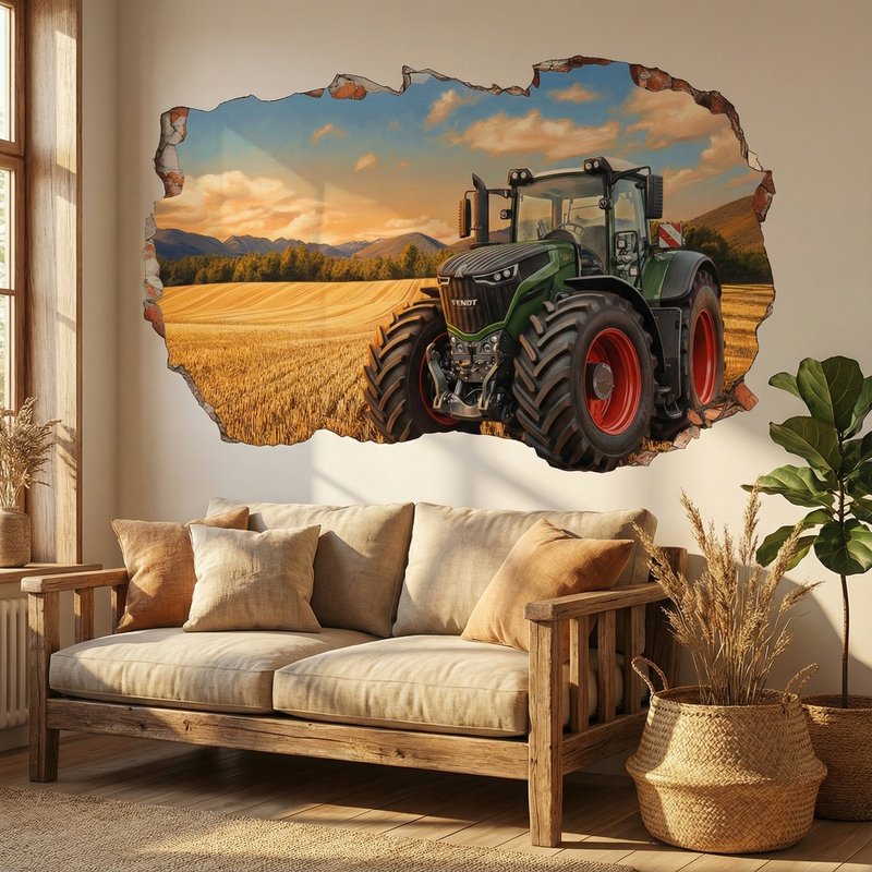 Adesivi Murali: Buco nel Muro Trattore Campo di Grano
