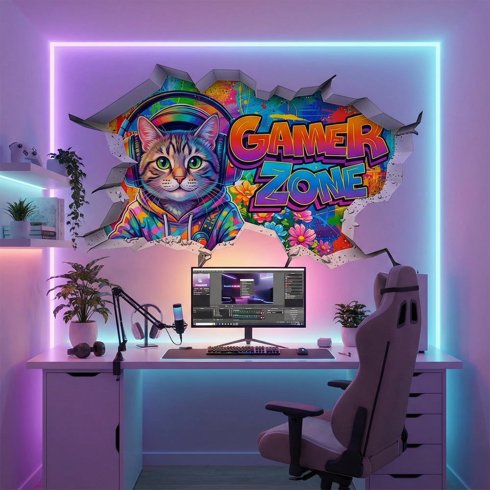 Adesivi Murali: Buco nel Muro Gatto Gamer Zone
