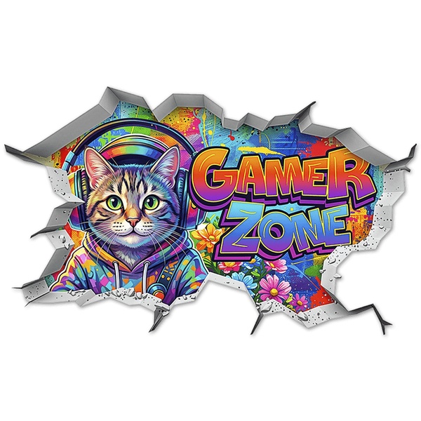 Adesivi Murali: Buco nel Muro Gatto Gamer Zone