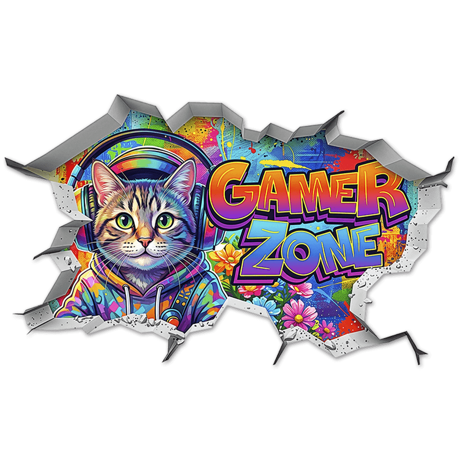 Adesivi Murali: Buco nel Muro Gatto Gamer Zone