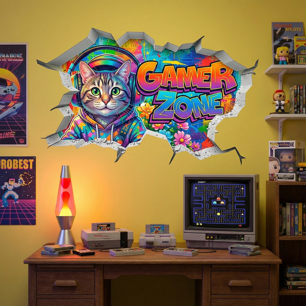 Adesivi Murali: Buco nel Muro Gatto Gamer Zone