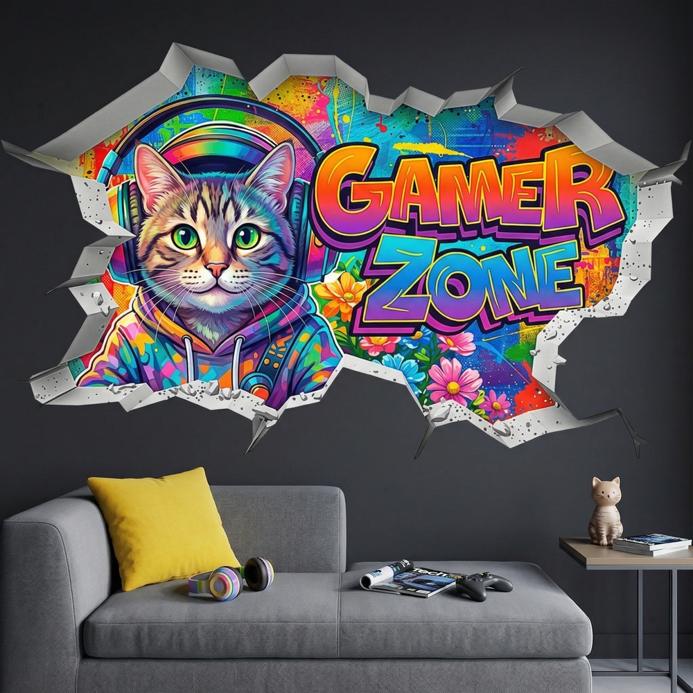 Adesivi Murali: Buco nel Muro Gatto Gamer Zone