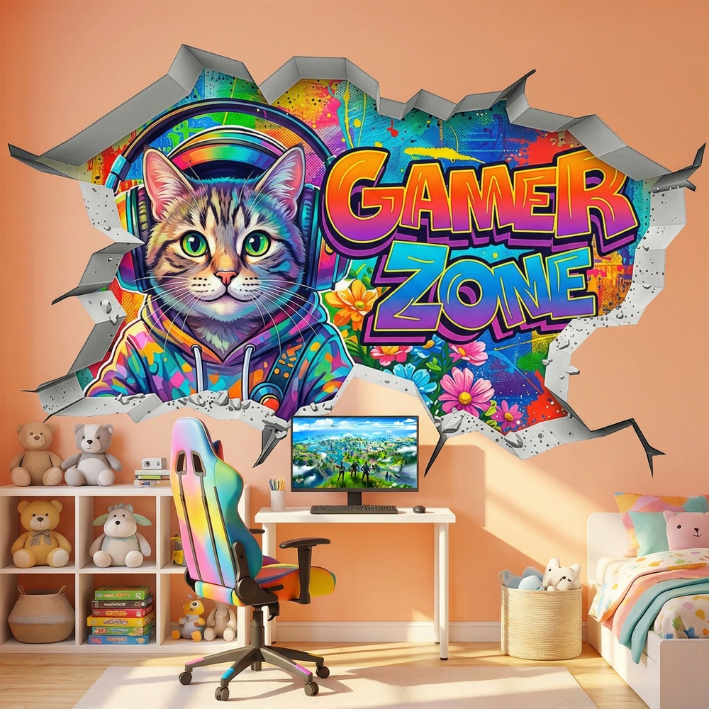 Adesivi Murali: Buco nel Muro Gatto Gamer Zone