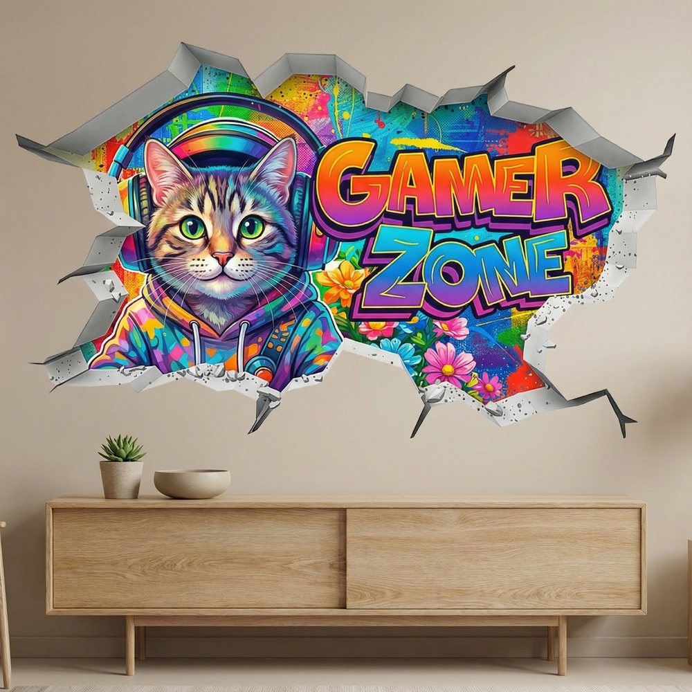 Adesivi Murali: Buco nel Muro Gatto Gamer Zone