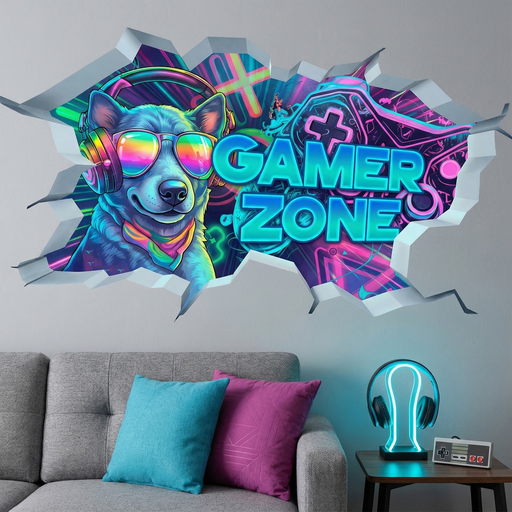 Adesivi Murali: Buco nel Muro Cane Gamer Zone