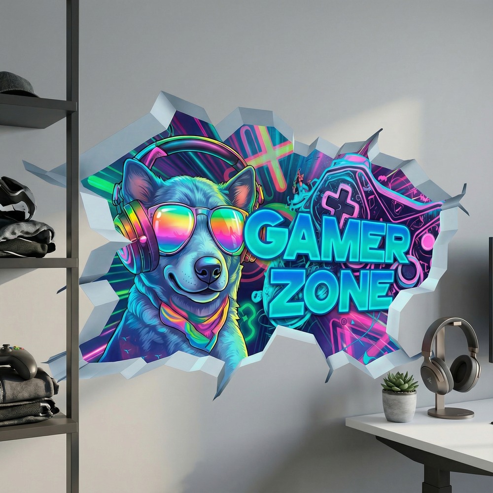 Adesivi Murali: Buco nel Muro Cane Gamer Zone