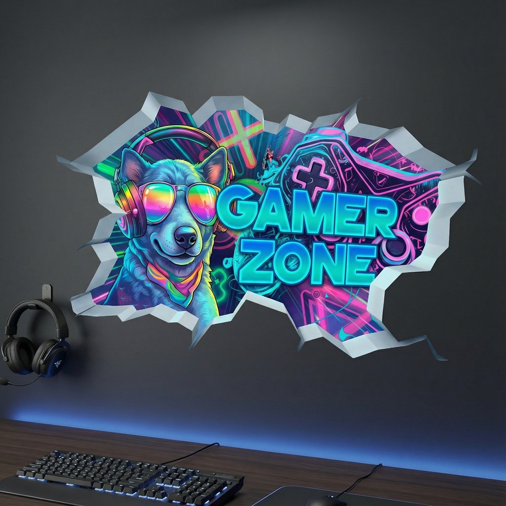 Adesivi Murali: Buco nel Muro Cane Gamer Zone