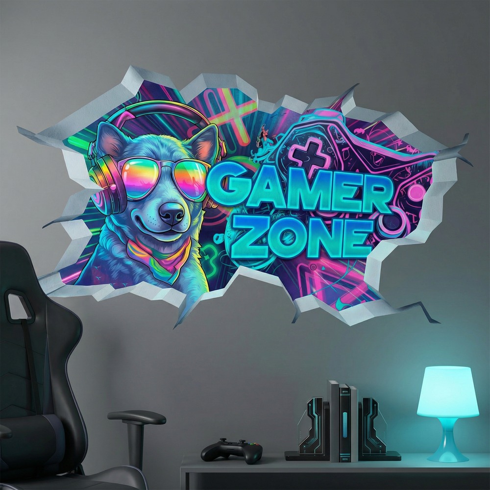 Adesivi Murali: Buco nel Muro Cane Gamer Zone