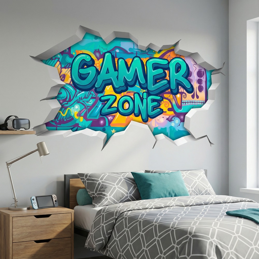 Adesivi Murali: Buco nel Muro Gamer Zone Graffiti