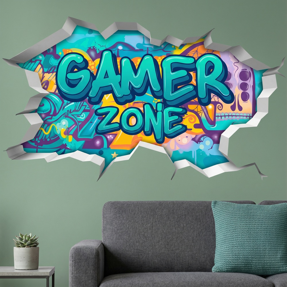 Adesivi Murali: Buco nel Muro Gamer Zone Graffiti