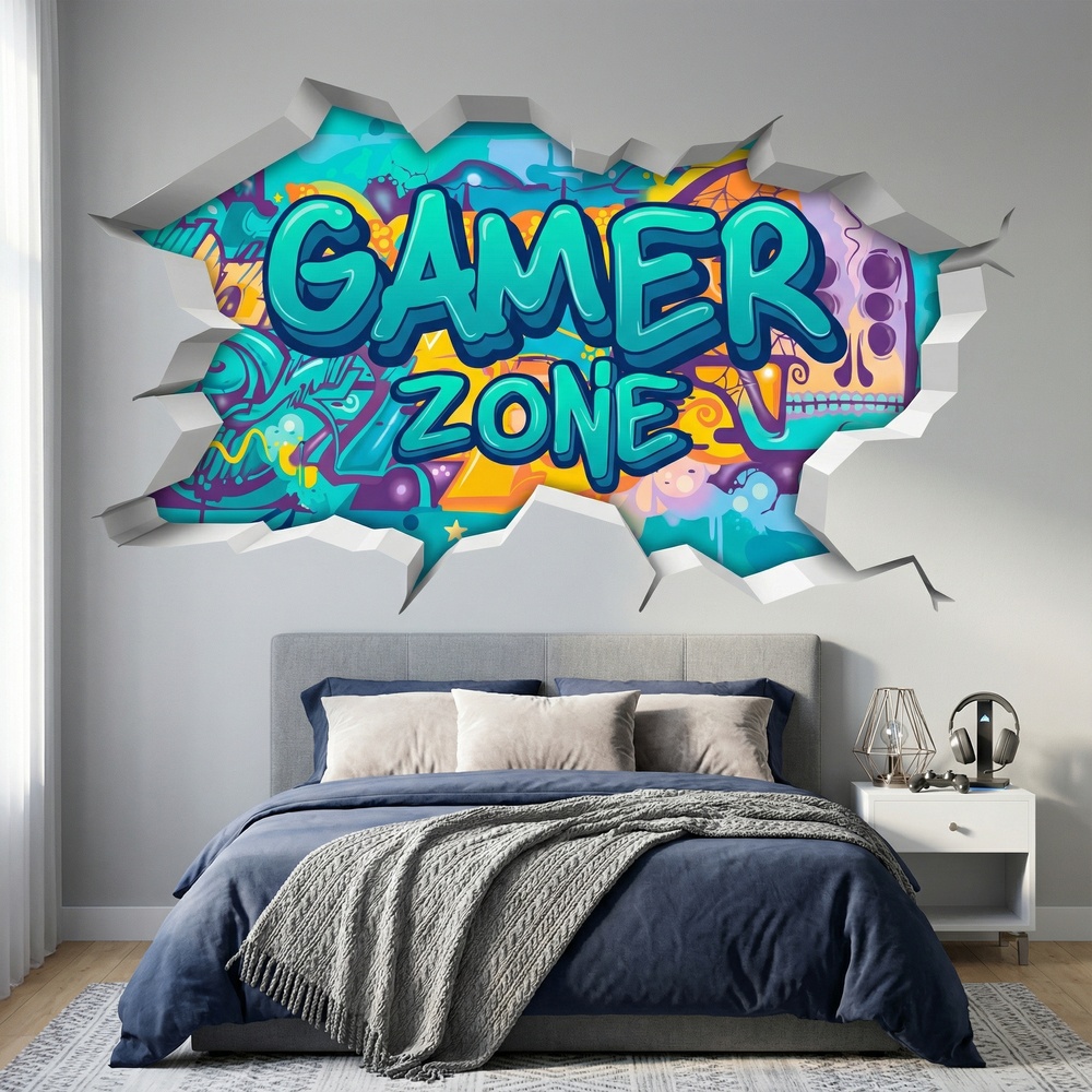 Adesivi Murali: Buco nel Muro Gamer Zone Graffiti