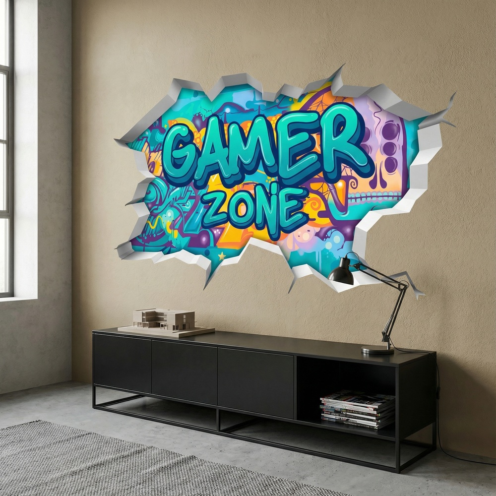 Adesivi Murali: Buco nel Muro Gamer Zone Graffiti