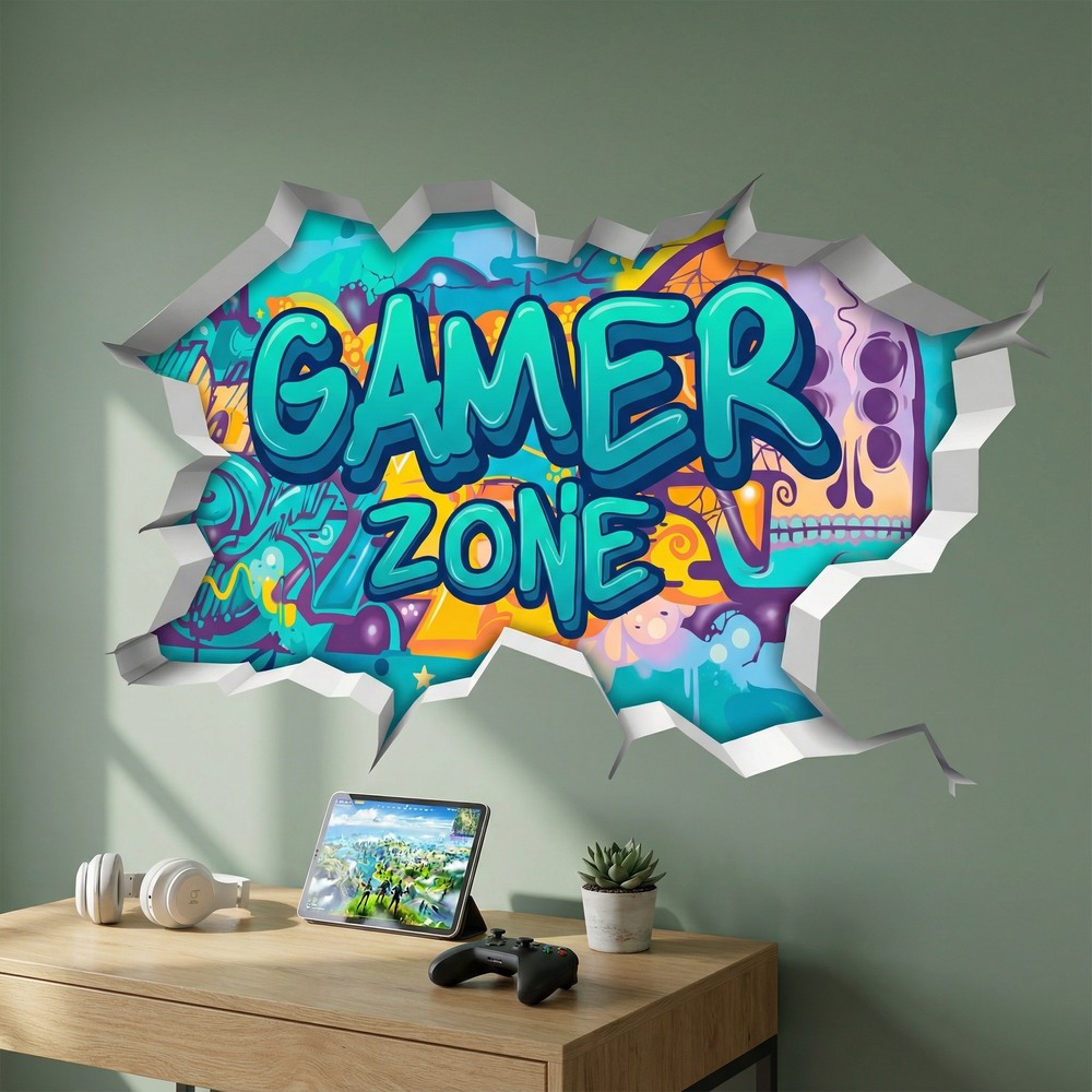 Adesivi Murali: Buco nel Muro Gamer Zone Graffiti