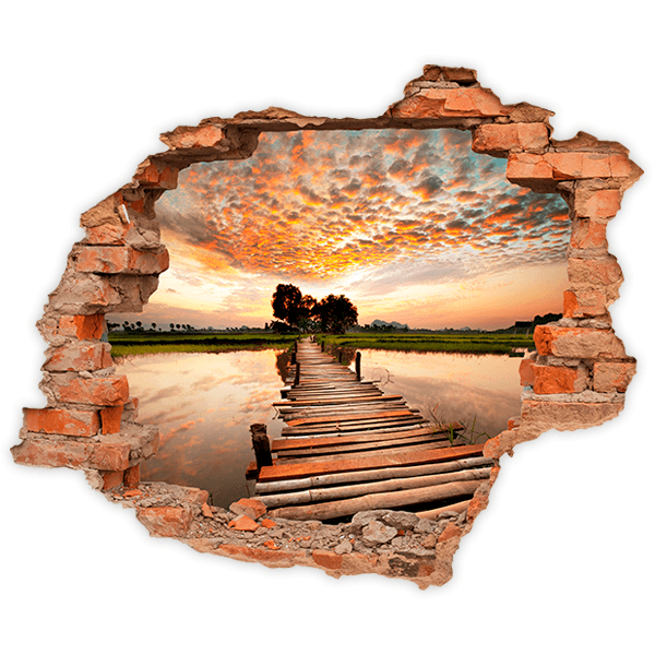Adesivi Murali: Buco nel muro Passerella di legno al tramonto