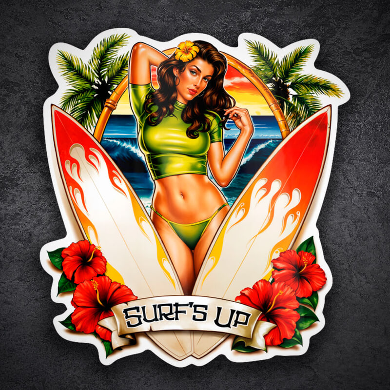 Adesivi per Auto e Moto: Surf’s Up Pin-Up Tramonto