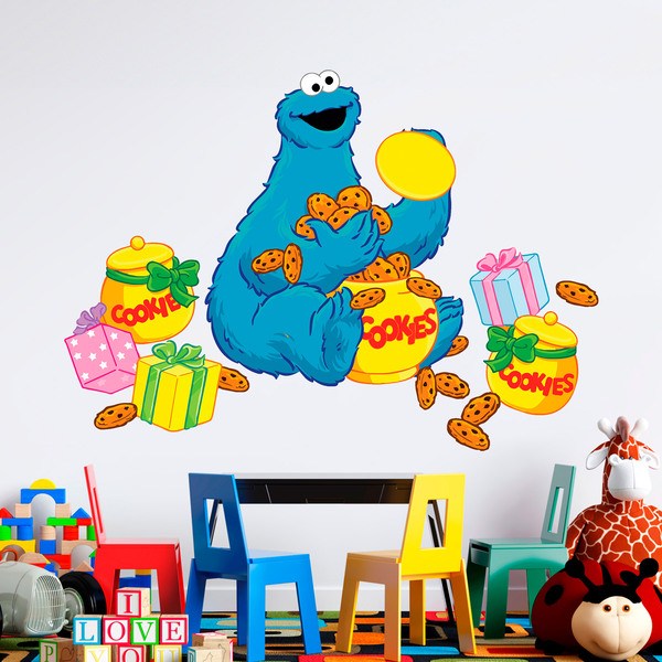 Adesivi per Bambini: Cookie Monster con barattoli di biscotti