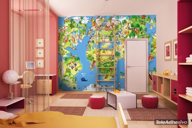 Fotomurali: Mappa del mondo illustrata per bambini