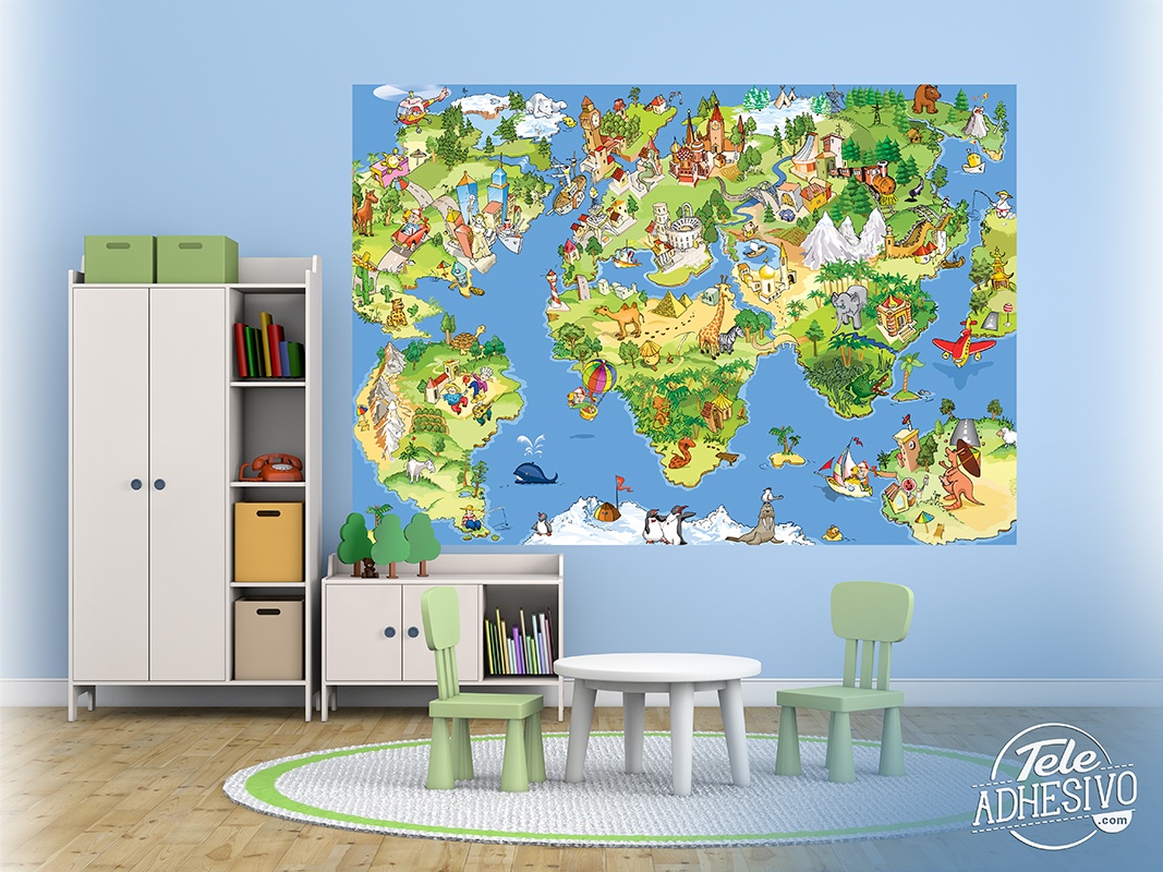 Fotomurali: Mappa del mondo illustrata per bambini