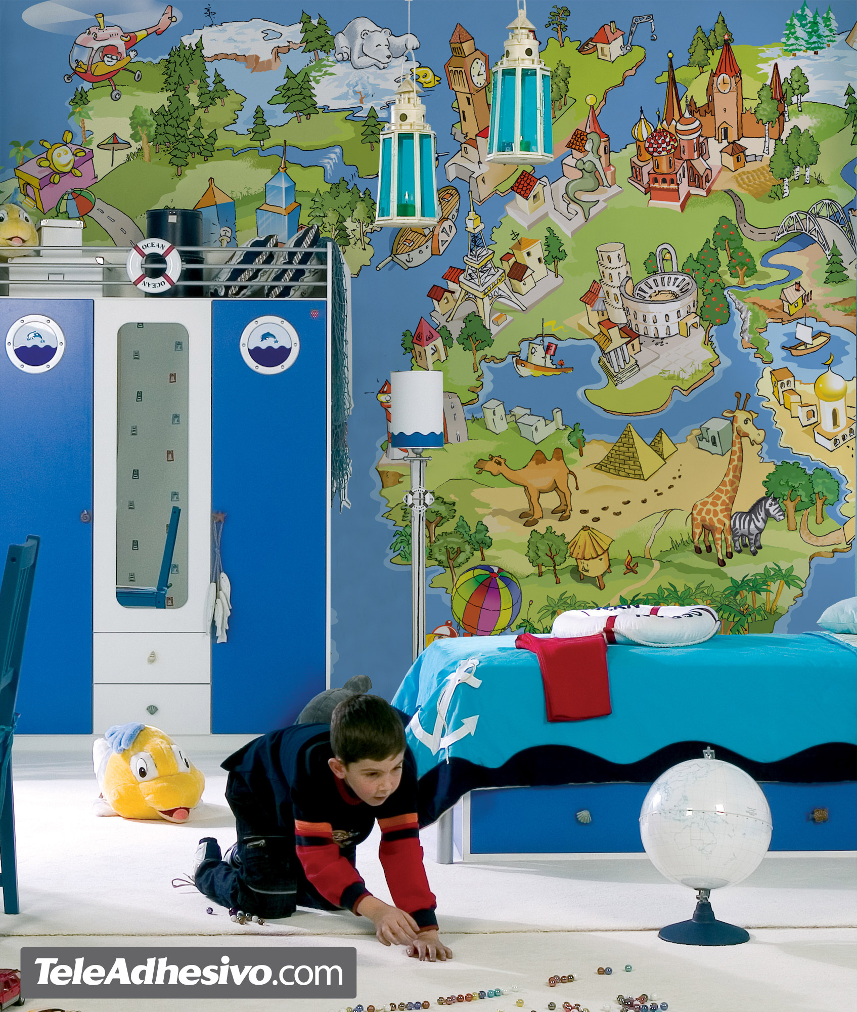 Fotomurali: Mappa del mondo illustrata per bambini