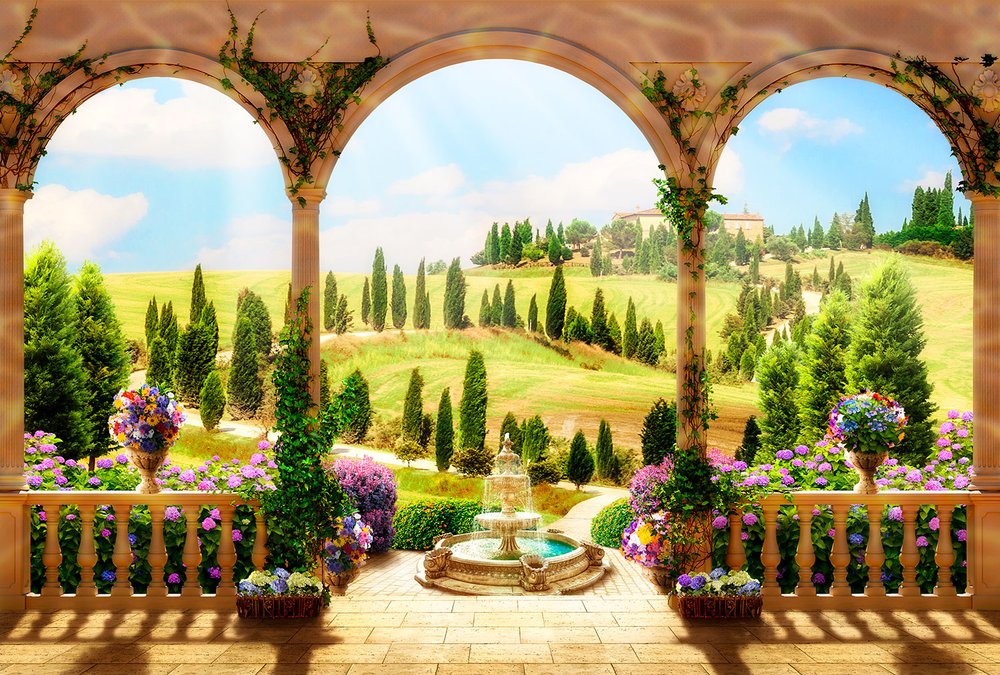 Fotomurali : Fotomurale paesaggio toscano con archi 2