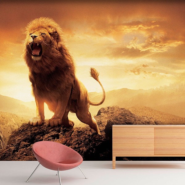 The Lion King of the Jungle mural wallpaper mounted on the living room wall. 