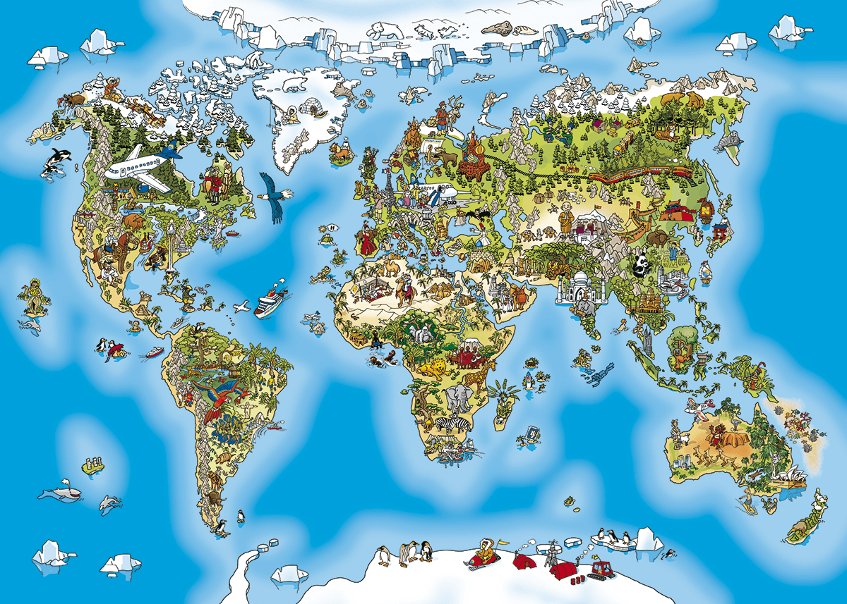 Fotomurali : Mappa del mondo illustrata per bambini