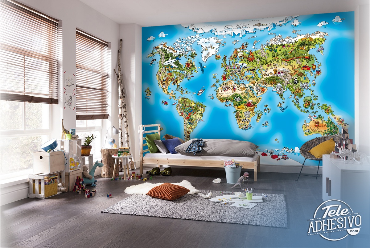 Fotomurali : Mappa del mondo illustrata per bambini