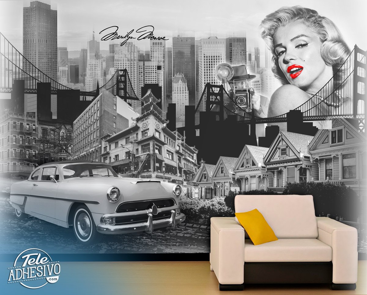 Fotomurali: Collage Marilyn Monroe e citt&agrave; vintage