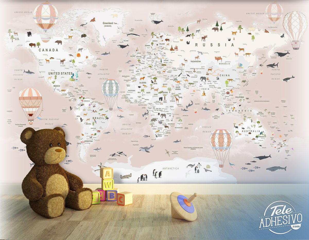 Fotomurali : Mappa del Mondo con Animali