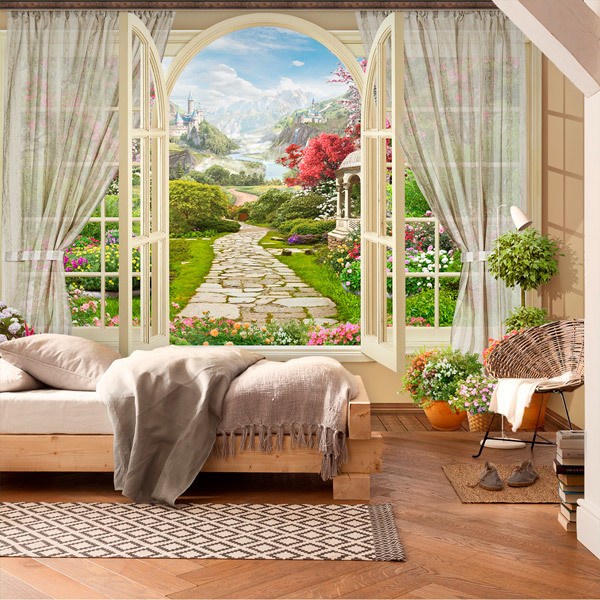 Fotomurali : Finestra con vista sul giardino fiorito 0