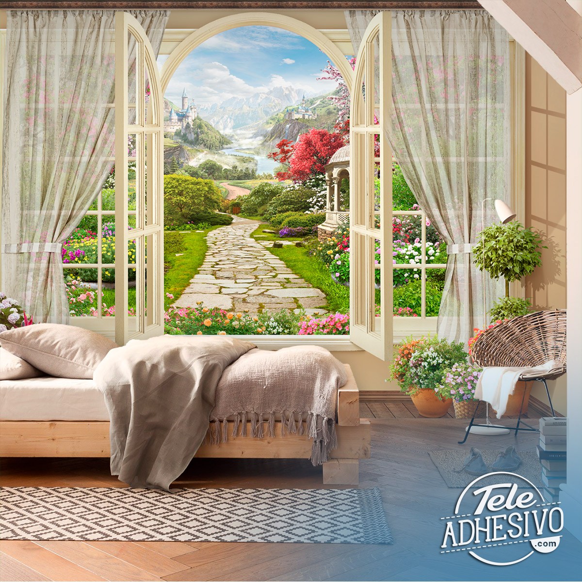 Fotomurali: Finestra con vista sul giardino fiorito
