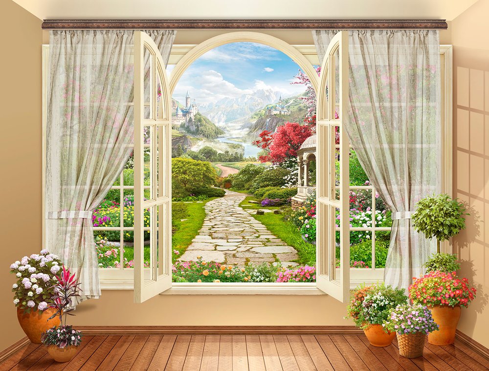 Fotomurali : Finestra con vista sul giardino fiorito 2