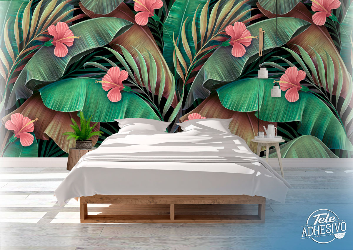 Fotomurali : Palme con fiori di ibisco
