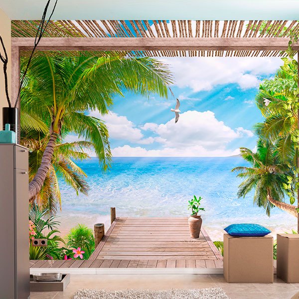 Soggiorno Camera da Letto Casa DIY Arte Decorativo Adesivo Murale Wallpark 3D Rotto Muro Tropicale Spiaggia Tramonto Paesaggio Removibile Adesivi Murali Adesivi da Parete 