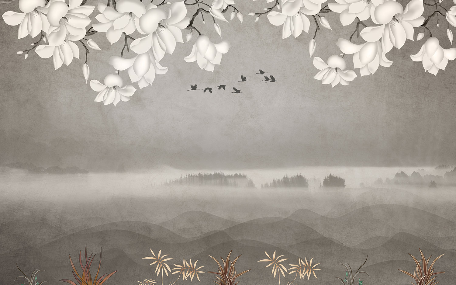 Fotomurali : Paesaggio con Fiori Bianchi