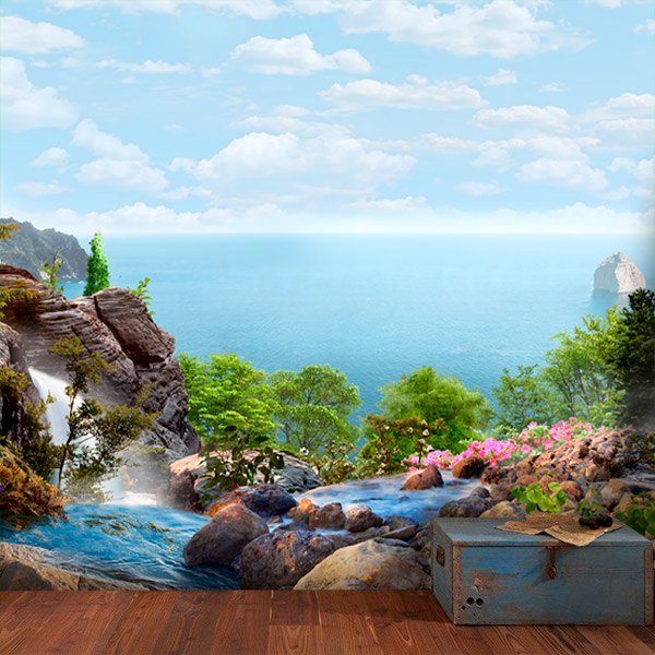 Fotomurali : Vista sul mare con cascata 0
