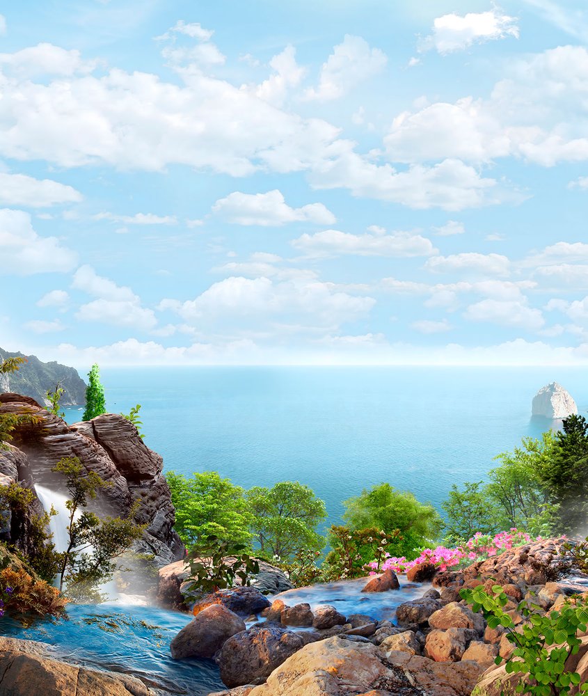 Fotomurali : Vista sul mare con cascata