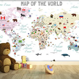 Fotomurali : Mappa del mondo per bambini con bandiere e animali 2